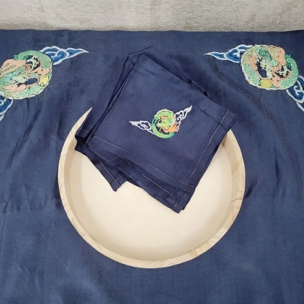 Silk Asian Fire Dragon Table Blue Embroidered Table Scarf and 4 Napkins